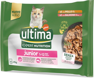 Produktbild von Ultima Cat Expert Nutrition Junior Katzenfutter Huhn & Lachs Stückchen in Sauce 4 x 70 g - 48 x 70 g