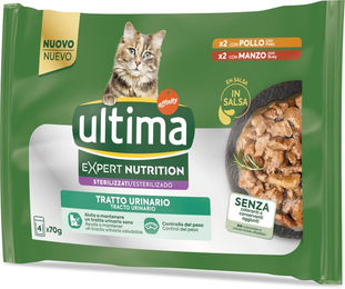 Produktbild von Ultima Cat Expert Nutrition Urinary Huhn & Rind Katzen Nassfutter für Adult mit Stückchen in Sauce zur Harnwegspflege und Gewichtskontrolle 4 x 70 g - 44 x 70 g