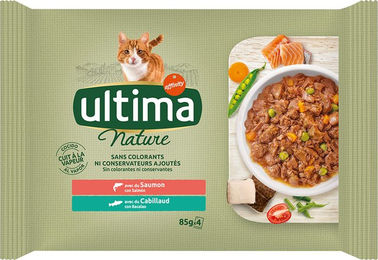 Ultima Cat Nature Katzenfutter Adult Stückchen in Sauce Lachs Kabeljau Forelle 12 x 85 g - 4 x 85 g – Bild 1 von 2
