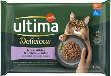 Produktbild von Ultima Delicious Adult Katzenfutter Stückchen in Sauce Rind und Thunfisch zur Gewichtskontrolle 48 x 85 g