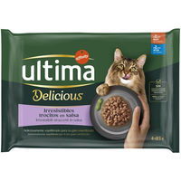 Produktbild von Ultima Delicious Adult Katzenfutter Stückchen in Sauce Rind und Thunfisch zur Gewichtskontrolle 48 x 85 g