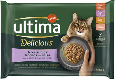 Produktbild von Ultima Delicious Adult Sterilized Katzenfutter Stückchen in Sauce Light ohne künstliche Farb- und Konservierungsstoffe 48 x 85 g
