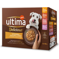 Produktbild von Ultima Delicious Katzen Nassfutter Mixpaket Stückchen in Soße Huhn Rind Lachs Pute 12 x 100 g