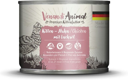 Produktbild von Venandi Animal 200 Gramm Katzennassfutter Sparpaket 12 x 200 Gramm Kitten Huhn mit Lachsöl