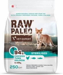 Produktbild von VETEXPERT Raw Paleo Sterilised Huhn, Thunfisch & Lachs für kastrierte Katzen - 250 g
