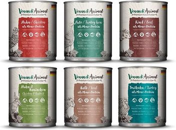 Produktbild von Venandi Animal Probierpaket Hund mit hohem Fleischanteil Stückchen in Sauce Huhn Pute Rind Kaninchen Kalb Truthahn 4800g