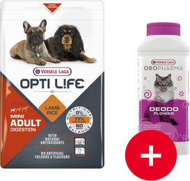 Versele-Laga Opti Life Adult Digestion Mini Hundefutter für kleine Rassen mit Lamm und Lachs 7,5 kg sowie Deodo Flower Katzentoilette Deodorant Blumenerfrischer 750g – Bild 1 von 1