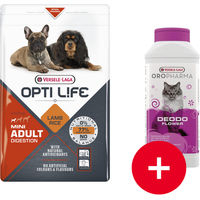 Produktbild von Versele-Laga Opti Life Adult Digestion Mini Hundefutter für kleine Rassen mit Lamm und Lachs 7,5 kg sowie Deodo Flower Katzentoilette Deodorant Blumenerfrischer 750g