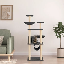vidaXL Kratzbaum für Katzen mit Sisal-Kratzsäulen aus Plüsch in Dunkelgrau 141 cm – Bild 1 von 2