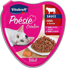 Produktbild von Vitakraft Poésie Création Katzen Nassfutter Stückchen in Sauce mit Rind und Karotte getreidefrei und zuckerfrei für erwachsene Katzen 15x85g
