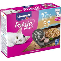 Produktbild von Vitakraft Poésie Délice Nassfutter für Katzen Adult Meat & Fish Selection mit Pute und Lachs in Gelee, getreidefrei, 6 x 85 g - 6 x 85 g