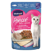Produktbild von Vitakraft Poesie DeliSauce Katzenfutter Kabeljau Stückchen in Sauce getreidefrei und zuckerfrei 23 x 85g Beutel