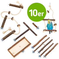 Produktbild von Vogelgaleria 10-teiliges Käfigausstattung Set aus Holz mit Natur Sitzstangen, Vogelschaukel, Sitzbrett, Anflugstange und Sitzseil für Wellensittiche und Nymphensittiche