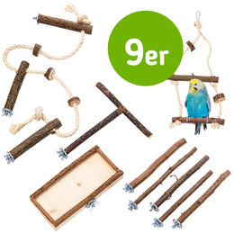 Vogelgaleria 9-teiliges Vogelkäfig Zubehör Set aus Naturholz mit Spielzeug und Sitzstangen für Wellensittiche – Bild 1 von 5