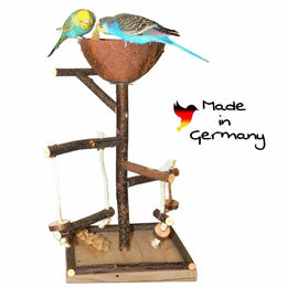 Vogelgaleria Vogelspielplatz aus Naturholz für Wellensittiche mit Kokosschale als Futternapf – Bild 1 von 6