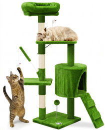 VOUNOT Kratzbaum für Katzen 112 cm hoch, mehrstöckiger Katzenbaum mit Höhle und Kratzsäulen aus Plüsch und Sisal, Grün – Bild 1 von 6