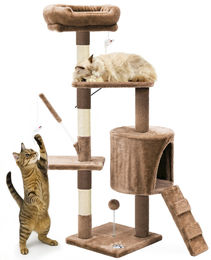 VOUNOT Kratzbaum für Katzen 112 cm hoch mit Höhle und Kratzsäulen aus Plüsch und Sisal Braun – Bild 1 von 6