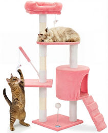 VOUNOT Kratzbaum für Katzen 112 cm hoch mit Höhle und Kratzsäulen aus Plüsch und Sisal in Rosa – Bild 1 von 6