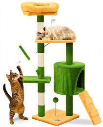 VOUNOT Kratzbaum für Katzen 112 cm Mehrstöckiger Katzenbaum mit Höhle und Kratzsäulen Grün-Orange – Bild 1 von 5