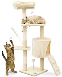 VOUNOT Kratzbaum für Katzen 112cm mit Höhle und Kratzsäulen aus Plüsch und Sisal in Beige – Bild 1 von 3