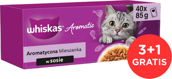 Produktbild von WHISKAS Adult 120x85 g Nassfutter in Soße für adulte Katzen (Schweinefleisch, Karotten, Huhn, mit Stücken von Seefisch, Lachs und Erbsen) + 40 Beutel GRATIS