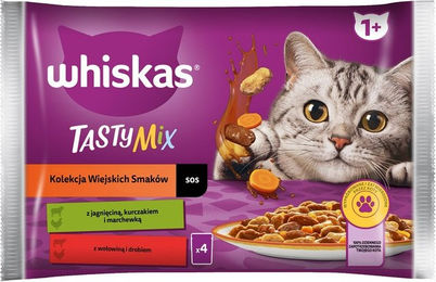 Produktbild von WHISKAS Adult 4x85g: Nassfutter für Katzen mit Lamm, Huhn und Karotten, Rind und Geflügel in Sauce