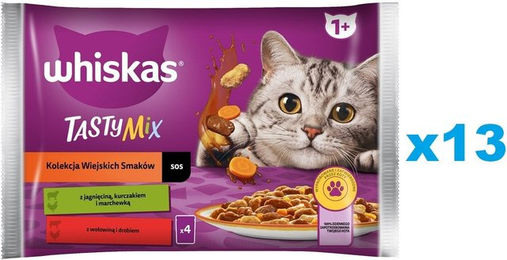 Produktbild von WHISKAS Adult 52x85g: Nassfutter für Katzen mit Lamm, Huhn und Karotten, Rind und Geflügel in Sauce