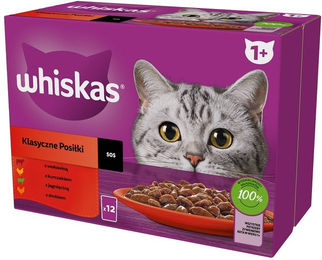 Produktbild von WHISKAS Adult Classic Meals Katzennassfutter mit Rind, Huhn, Lamm und Geflügel in Sauce - 12 x 85 g