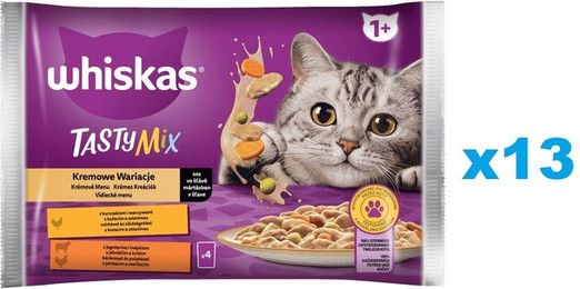 Produktbild von WHISKAS Adult Creamy Variations 52x85g: Nassfutter für adulte Katzen mit Huhn und Gemüse, Lamm und Pute in Sauce