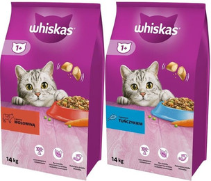 Produktbild von WHISKAS Adult Katzentrockenfutter mit Rindfleisch und Thunfisch - 2 x 14 kg