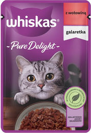 Produktbild von WHISKAS Adult Pure Delight Trockenfutter für ausgewachsene Katzen, Rindfleischstücken in Gelee 85 g