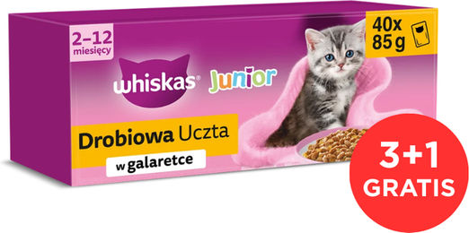 Produktbild von WHISKAS Junior 120x85g Nassfutter mit Huhn, Ente, Geflügel und Pute in Gelee für Kätzchen + 40 Beutel GRATIS