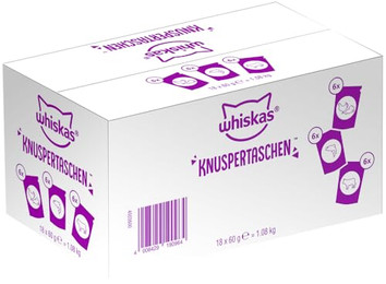 Produktbild von Whiskas Knuspertaschen Mixkarton - 3 Varianten: Huhn & Käse, Rind, Lachs (18 x 60 g)