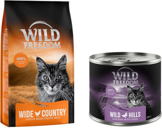 Produktbild von Wild Freedom Kombi-Paket: Adult Nassfutter + "Wide Country" Trockenfutter - 24 x 200 g Wild Hills: Ente & Huhn + 2 x 2 kg Geflügel
