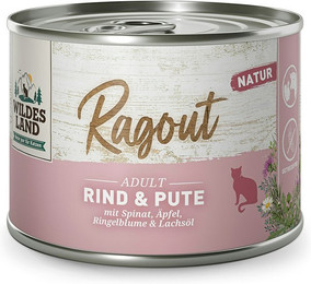Produktbild von Wildes Land 180g Ragout Ente&Pute+Süßkartoffel Rind & Pute mit Spinat 12x 180g