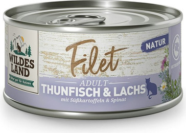 Produktbild von Wildes Land 80g Filet Thunfisch Pur Thunfisch & Lachs mit Süßkartoffel 24x 80g