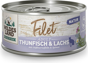 Produktbild von Wildes Land Filet Thunfisch & Lachs mit Süßkartoffeln & Spinat - 48 x 80 g