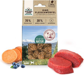 Produktbild von Wildes Land Fleischwürfel Rind mit Süßkartoffel und Heidelbeeren - 100 g