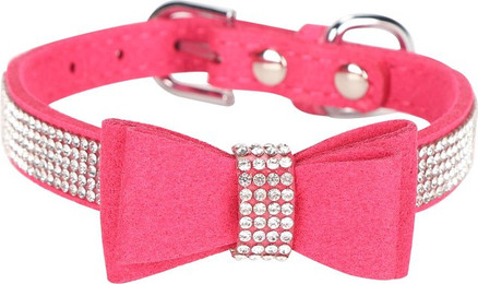 Produktbild von Wildleder Mikrofaser Doppelschleife Kristall Glitzer Strass Katzenhalsband Rosarot XS 30x1.5cm