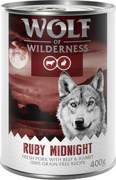 Produktbild von Wolf of Wilderness Adult mit frischem rotem Fleisch Ruby Midnight Schwein Rind Kaninchen - 6 x 400 g