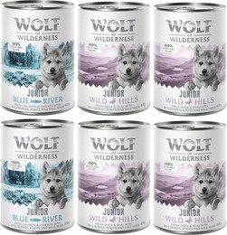 Produktbild von Wolf of Wilderness Junior Mixpaket Ente & Kalb, Huhn & Lachs - 6 x 400 g