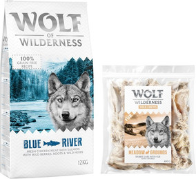 Produktbild von Wolf of Wilderness Kombi-Paket Adult Trockenfutter Blue River Lachs + Kaninchenohren mit Fell Snacks - 12 kg