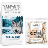 Produktbild von Wolf of Wilderness Kombi-Paket Adult Trockenfutter Blue River Lachs + Kaninchenohren mit Fell Snacks - 12 kg