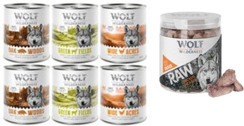 Produktbild von Wolf of Wilderness Kombi-Paket Nassfutter und RAW Snacks Wildschwein, Huhn, Lamm - 28 x 800 g