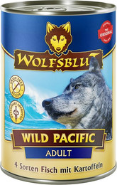 Produktbild von WOLFSBLUT 395g Hundenassfutter Sparpaket 12 x 395 Gramm Wild Pacific 4 Sorten Fisch mit Kartoffeln
