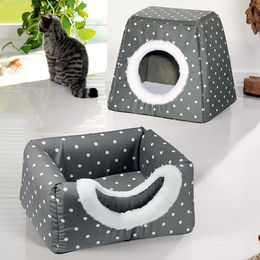 Produktbild von Waidmeister 2 in 1 Katzenhöhle und Haustierkörbchen für Katzen und kleine Hunde Grau mit Punkten 38x30x35 cm