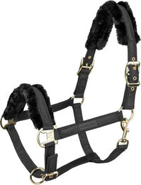 Waldhausen Exclusive Pferdehalfter aus Kunstleder mit Fell in Schwarz und Gold für Warmblut – Bild 1 von 2