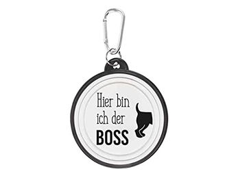 Produktbild von Walkies Faltbarer Reisenapf für Hunde aus Silikon Motiv Hier Bin ich der Boss 2 in Schwarz und Weiß - 1 Stk.