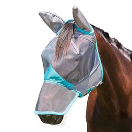 WeatherBeeta ComFiTec Deluxe Feinmaschige Fliegenmaske mit Ohren und Nase für Warmblut Pferde in Grau/Türkis – Bild 1 von 3