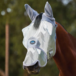 Produktbild von Weatherbeeta Comfitec Hexi Shield Fliegenmaske für Pferde mit Ohrenschutz und Nasenteil in Grau Silber XL aus Nylon